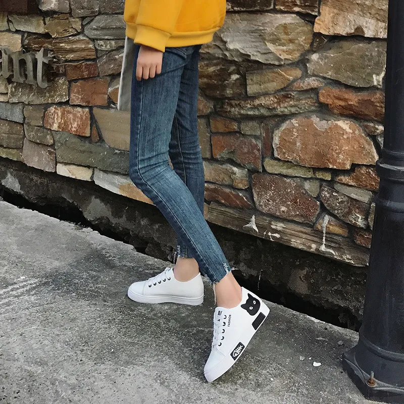 Кеды женские на платформе плоская подошва кроссовки шнуровке мультяшный Кот для