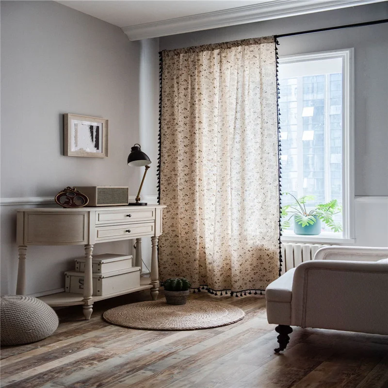 Цветочный принт Шторы Черный кисточкой из хлопка и льна на окна двери полу