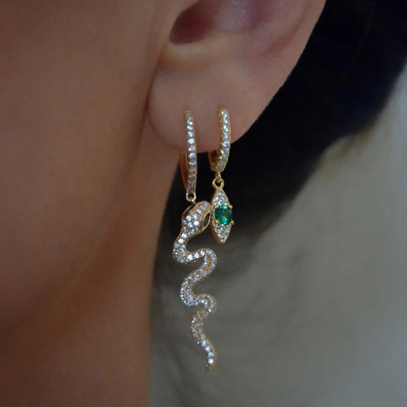 Micro pave bling cz Милый милый зеленый глаз подвеска в виде змеи Позолоченные Модные женские серьга со змеями