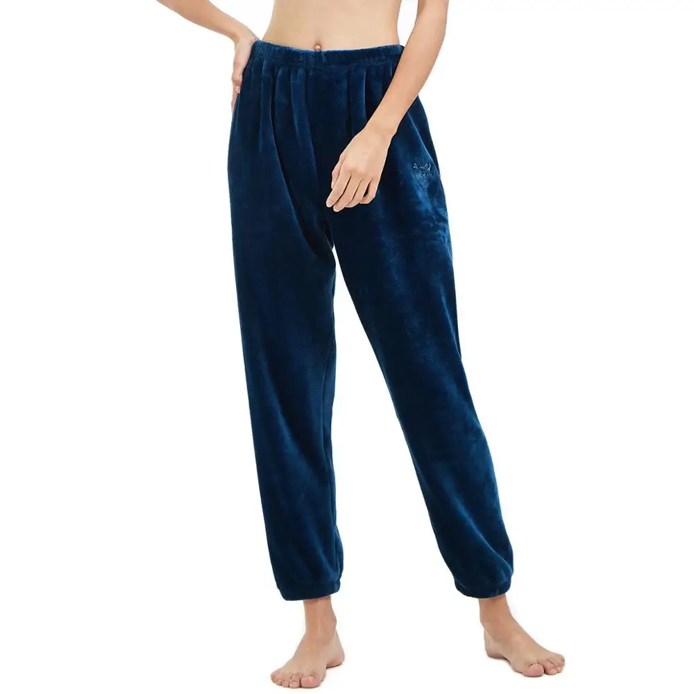 Navy blue-Flannel THREEGUN женские Пижамные шорты, укороченные штаны полной длины, кружевные Хлопковые женские штаны для сна, свободные штаны с эластичной резинкой на талии, домашние штаны, партия - Цвет: Navy blue-Flannel