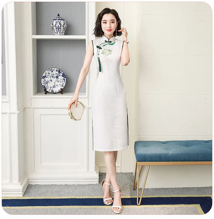 Sheng Coco дамы рами женское платье без рукавов Cheongsam платья Короткие классические без рукавов современное китайское платье Ципао белый без рукавов
