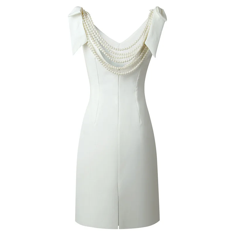 

French Sexy V-neck Beaded Backless Zipper Bow 2021 Summer Dress Women Fashion Mid Waist Pearl Solid Party Dresses Ladies