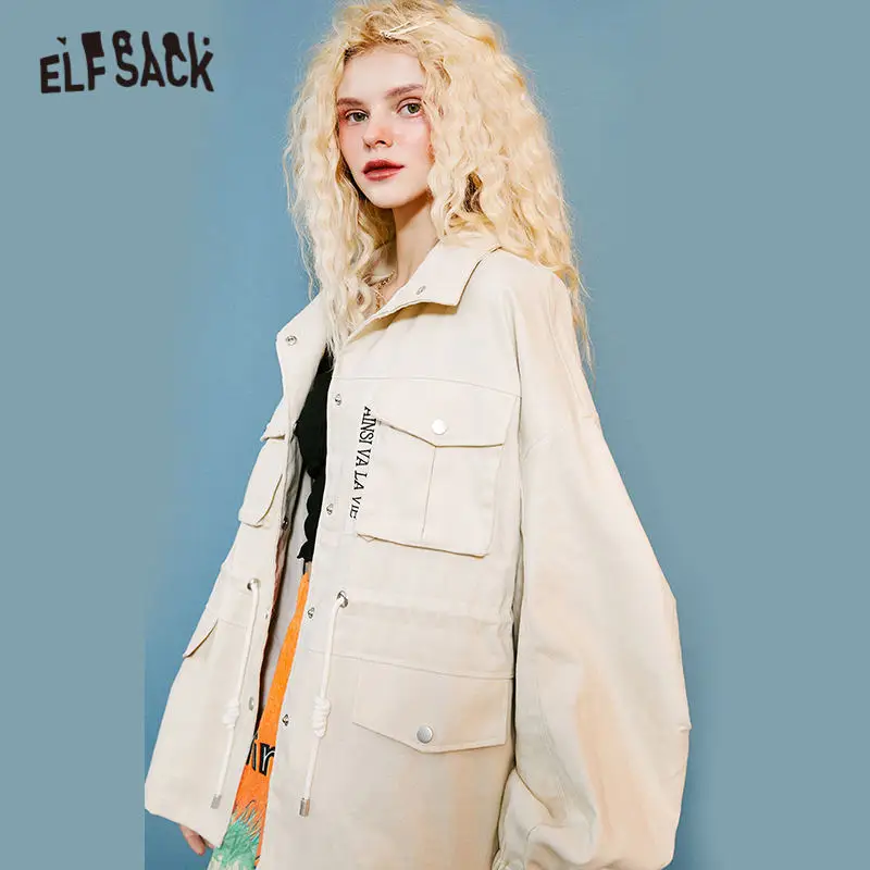 ELFSACK/белый однотонный Повседневный Женский Тренч на молнии Осенняя верхняя