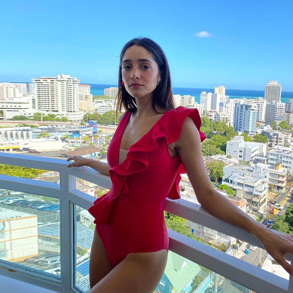2021 Summer Beach Wear Vacation Outfits Summer Beach One Piece Swimsuit Shoulder Ruffle Red Blue Bathing Suit