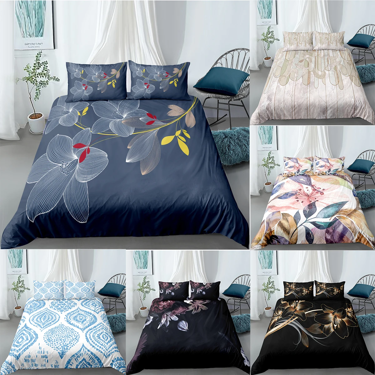 Роскошный комплект постельного белья пододеяльник с цветочным принтом