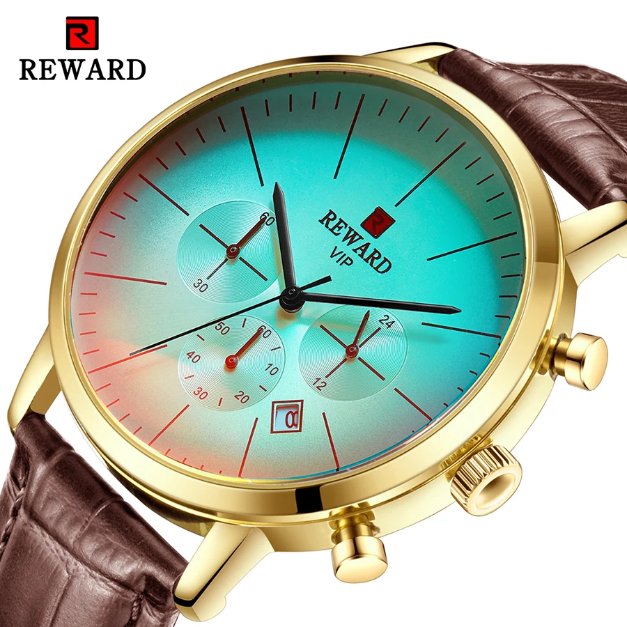 Награда градиент мужские часы коричневый кожаный ремешок роскошный золотой