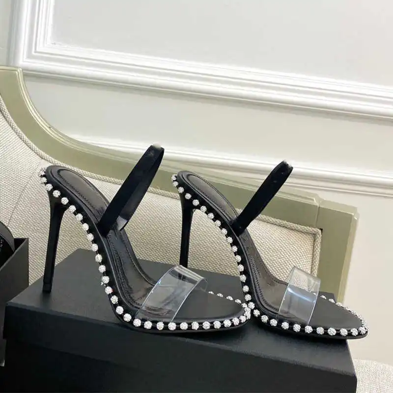 

2021 summer Rhinestone transparent one line sandals thin heel back empty Sexy Pink high heel fairy style
