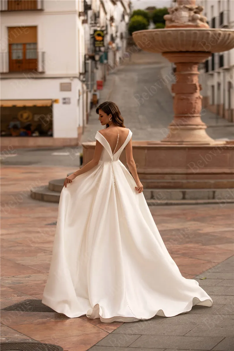 Button Back Satin Boho Bride Wedding Dresses Floor Length A-Line Dress With Train Bridal Gowns 2021 vestidos de novia | Свадьбы и