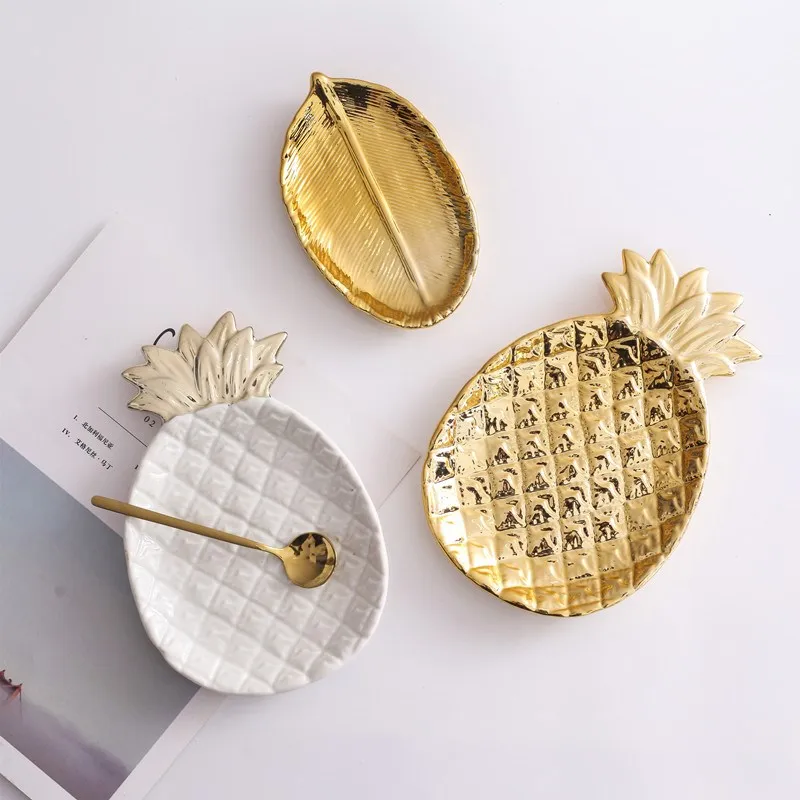 

Decorative Gold Pineapple Leaf Ceramic Charger Plate Dish Porcelain Candy Trinket Dish Jewelry Storage Plate Crockery Tableware