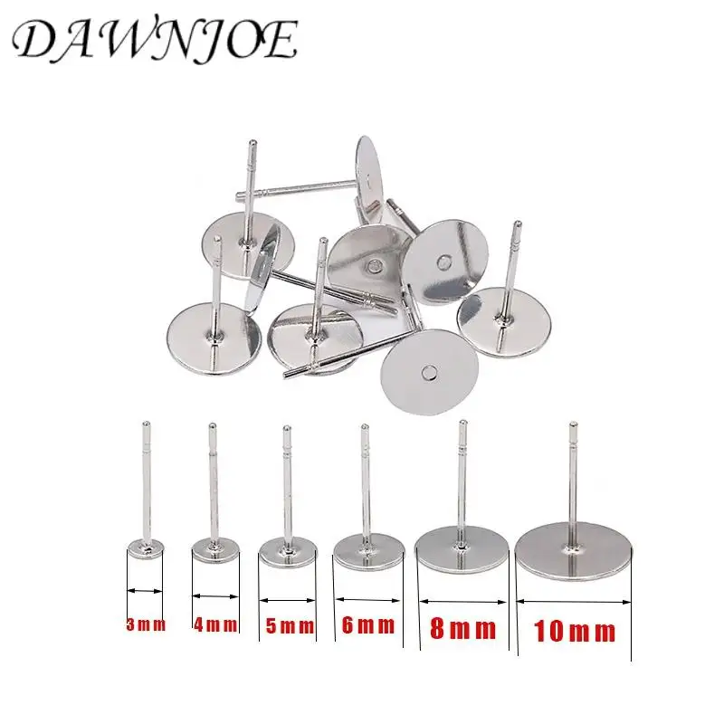 

100pcs Stainless Steel 3-12mm DIY Earrings Studs Flat Round Head Earrings Pin Base Tray Ear Jewelry Supplies Finding