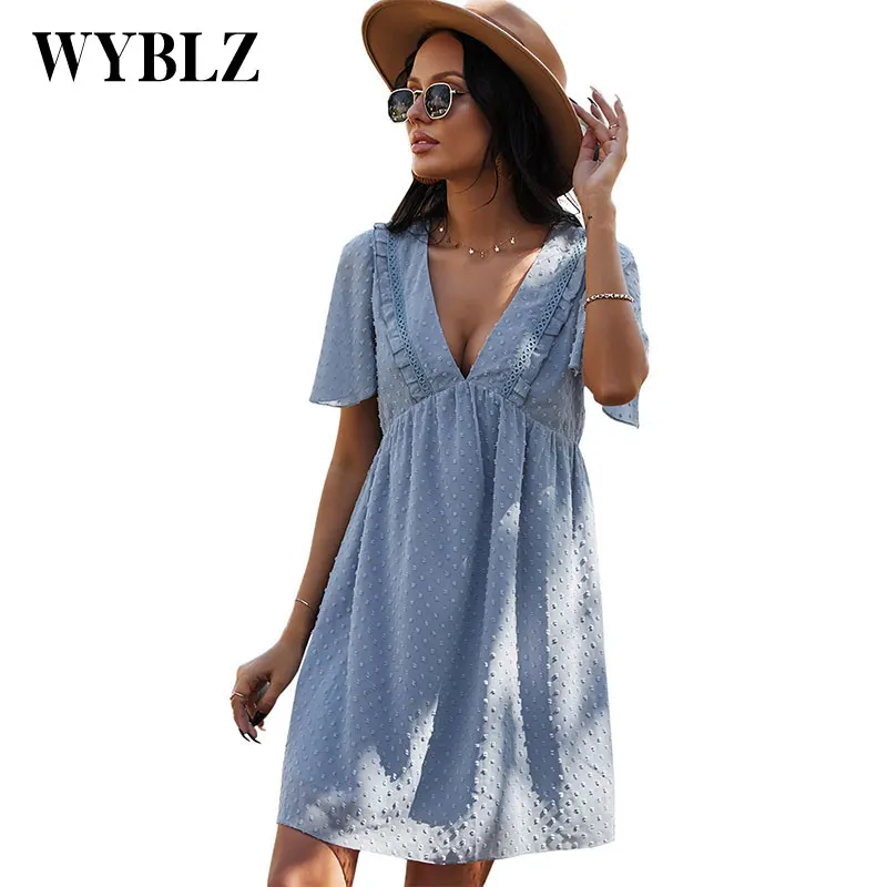 

WYBLZ Vintage Summer Chiffon Dress Women 2021 Fashion Short Sleeved Polka Dot Pleated Mini Dresses Femme Deep V Neck Party Robe
