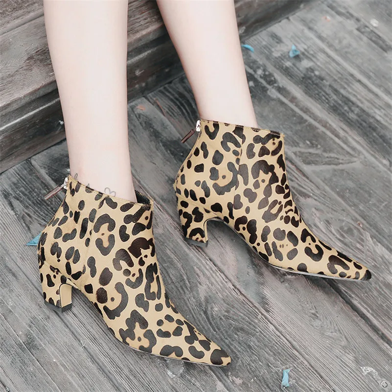 

Dilalula 2021 Fashion Genuine Horsehair Women's Boots Pointed Toe Ladies Booties Autumn Winter Leopard Print Party Shoes Woman