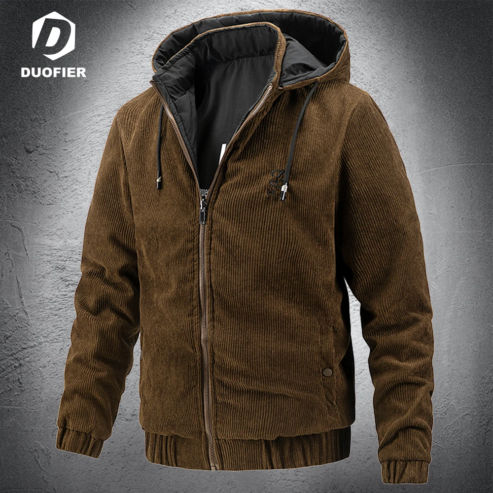 

Mens Corduroy Jacket Autumn and Winter Casual Hooded Jacket Removable Hat Korean Style Male New Two Sides Wear Warm Slim Coats