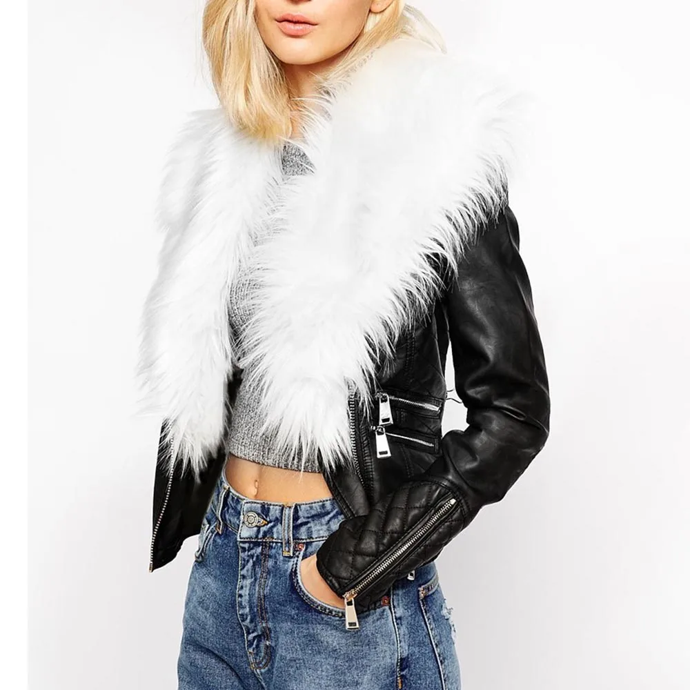 Женская теплая куртка из искусственной кожи с воротником искусственного меха