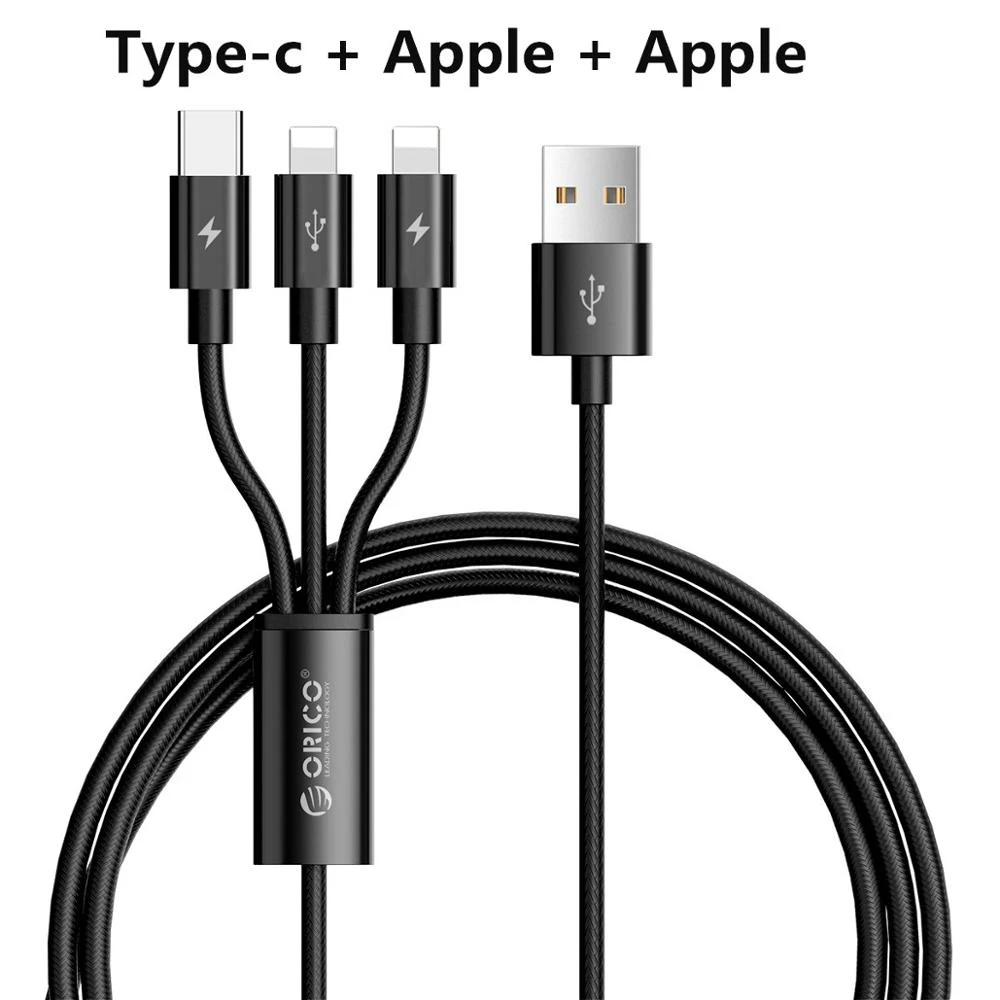 Type 1 Black Orico нейлоновый кабель 3 в 1 type C для быстрой зарядки и синхронизации данных, usb-кабель для samsung Xiaomi Redmi5 iPhone 8X7 6 Plus iOS USB-C - Цвет: Type 1 Black