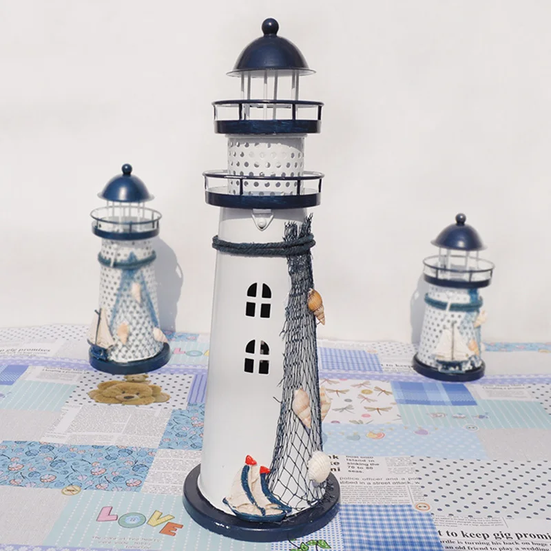 

Romantic Wrought Iron LED Lighthouse Candle Holder Vintage Mediterranean Candlestick Lights Ornaments Home Decoration Crafts