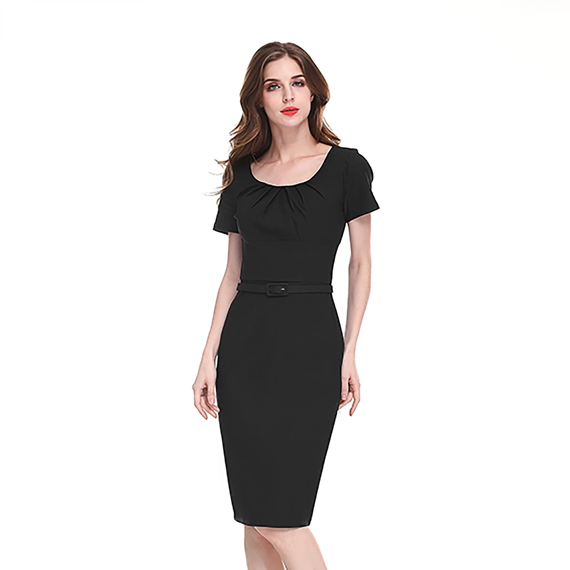 

Slim Temperament Professional Dress OL Slim Short Sleeve Dress Black Red Square Collar Pencil Dress
