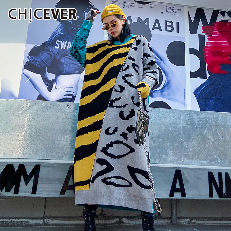 CHICEVER винтажное леопардовое хит цветное вязаное платье для женщин с круглым