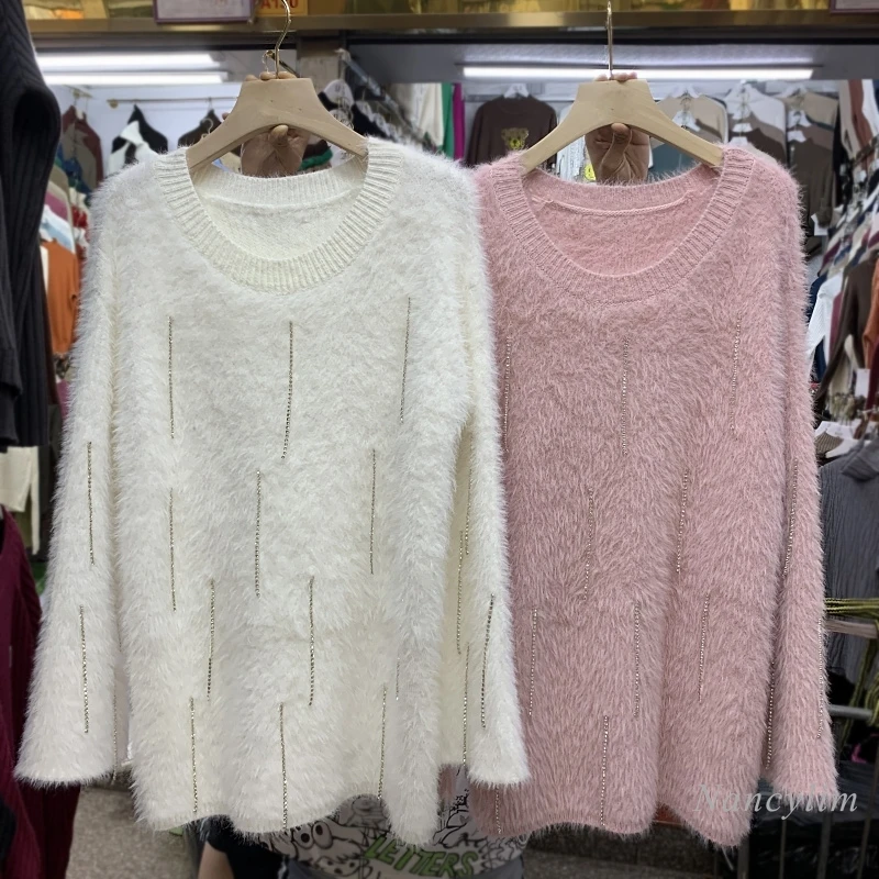 

Tassel Rhinestone Sweater Women Spring Winter New Korean Style Comfortable Loose Outer Wear Knitted Mohair Top Jumper