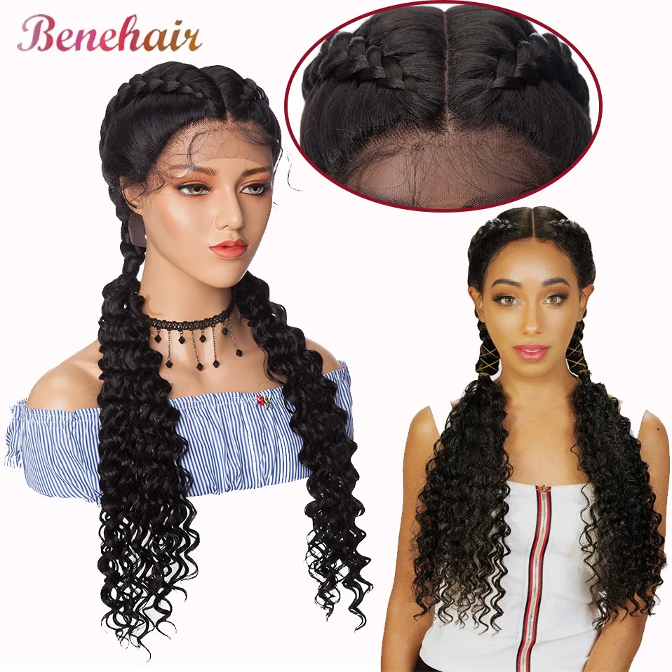 Benehair 25'' Braided Wigs Synthetic Lace Front Wig Dutch Twins Braid Wig With Baby Hair Hand Braided Wig For Black Women Daily