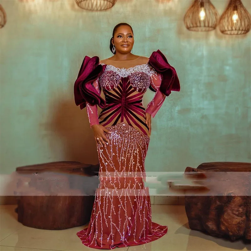 

Burgundy Aso Ebi Prom Dresses African Plus Size Mermaid Evening Gowns With Lace Appliques Sequins Beaded Formal Party Dress