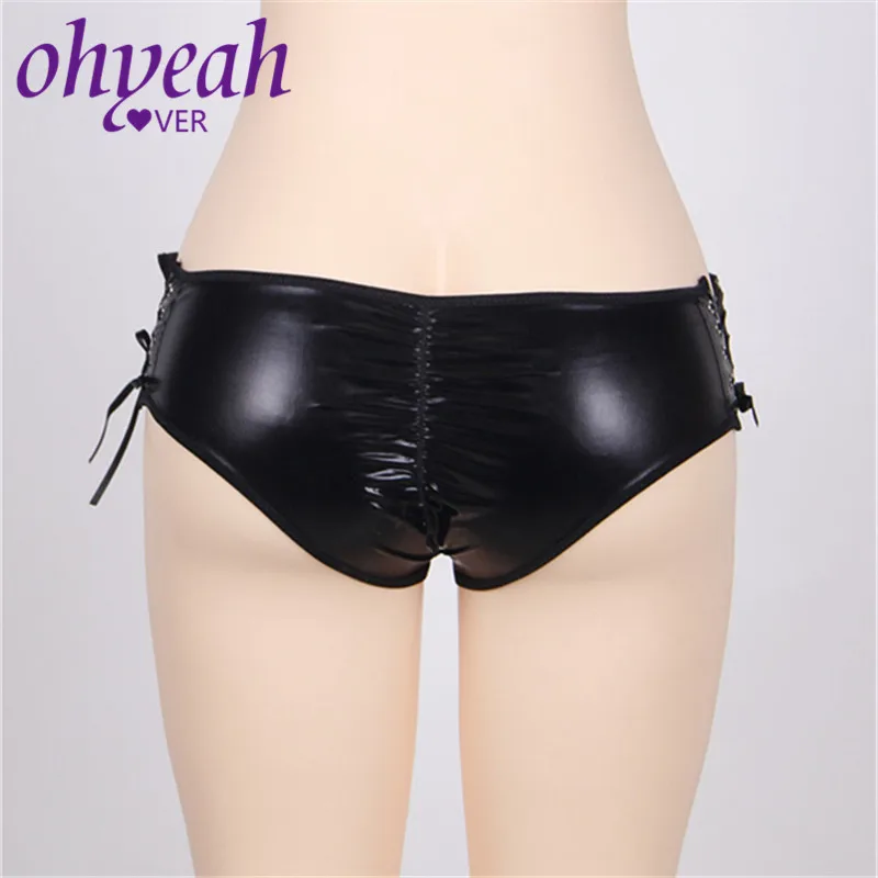 

Ohyeahlover Black Leather Panties Open Crotch Strappy Tangas Women Sexy String Femme Erotique Thong Plus Size Panty 3XL PM5125