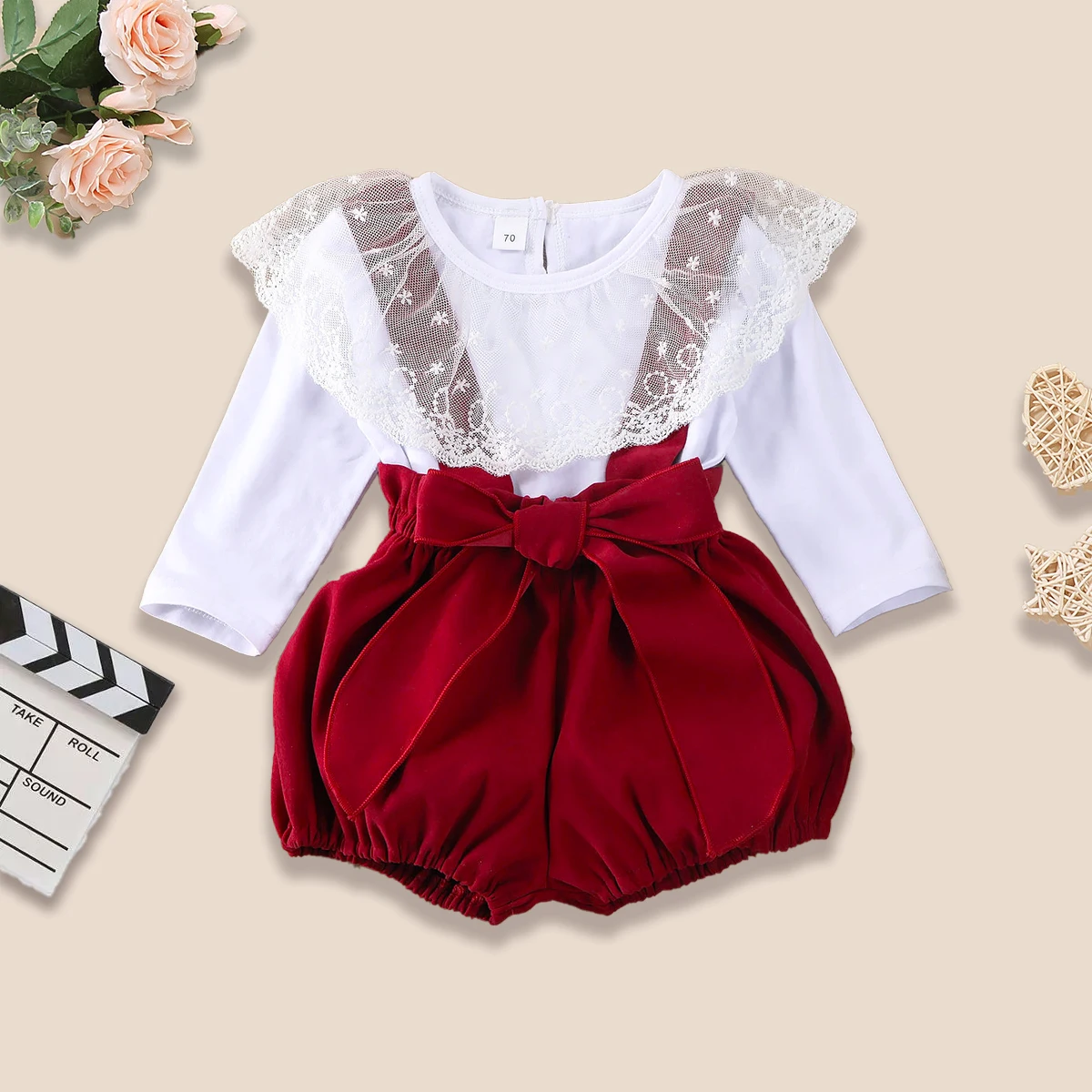 

Newborn Baby Girl Clothes Solid Color Lace Ruffle Long Sleeve Tops Strap Shorts Overalls 2Pcs Outfits Cotton Clothes