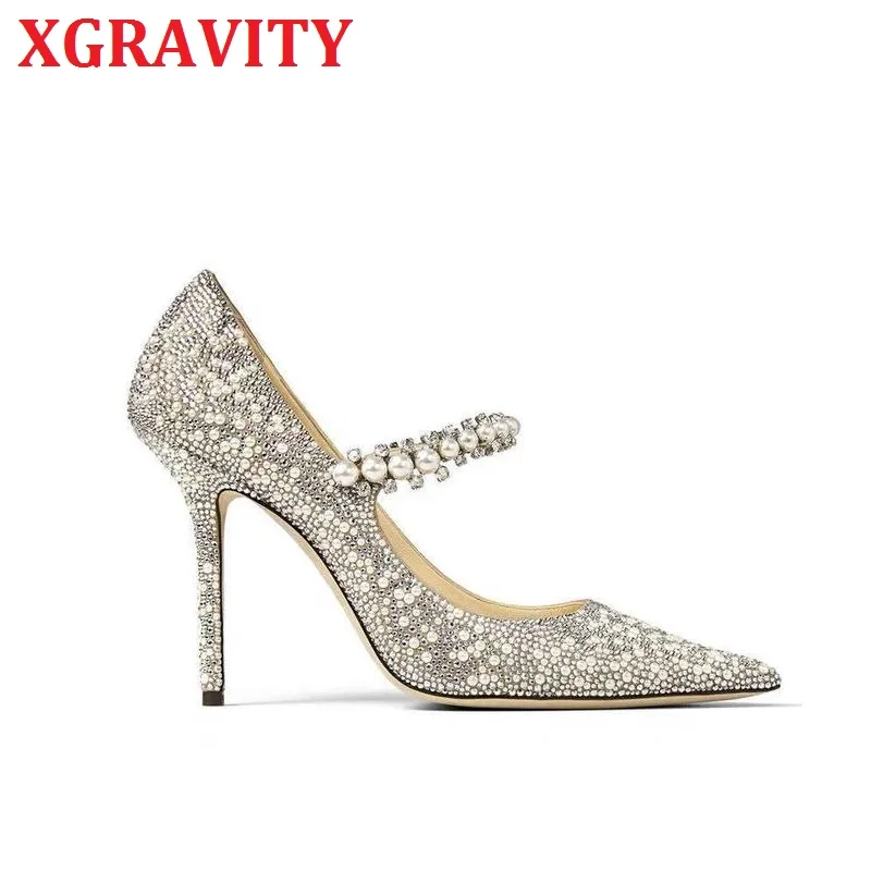 

XGRAVITY пикантные на тонком каблуке дизайнерские вечерние туфли с кристаллами для вечеринки очаровательные свадебные женские строгие туфли п...