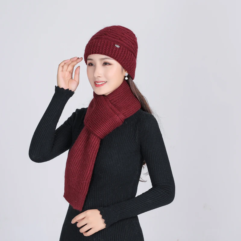 

Women Rabbit Fur Knitted Hat Scarf Sets Beanies Skullies Female Thicken Shawl Warm Windproof Ear Protection Hat Mother Hat