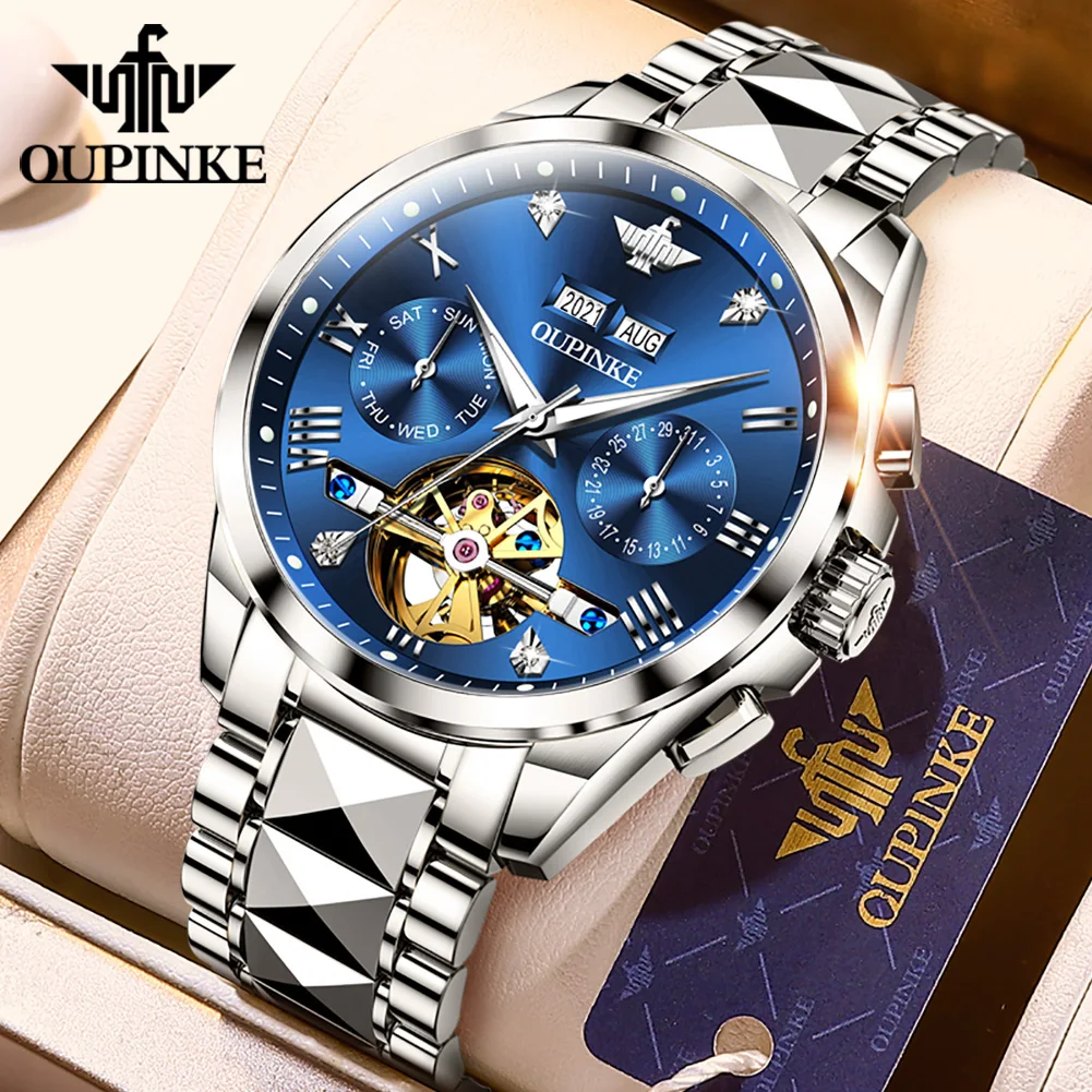 

OUPINKE Men Watches Sapphire Glass 007 Automatic mechanical Watch Waterproof Business Tourbillon Stainless Steel Wristwatch