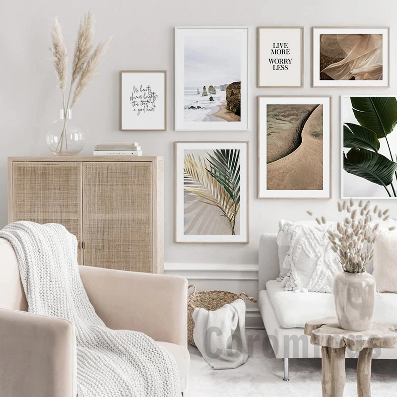 Современный бежевый пейзаж листья пальмы холст живопись Постер в стиле бохо