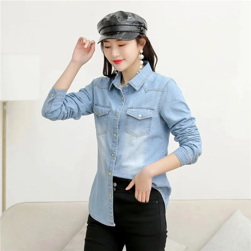 Рубашка женская джинсовая с длинным рукавом приталенная Повседневная винтажная