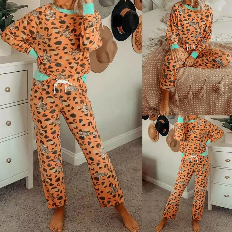 

Coat Pants Leopard Print Long Sleeve Sweatshirt Set Casual Home Set Pajamas Women's 2-Piece Set Panelled Leopard