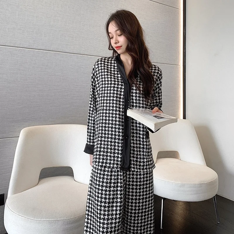 QWEEK шелковая пижама гусиная лапка для женщин осенняя Элегантная Женский комплект