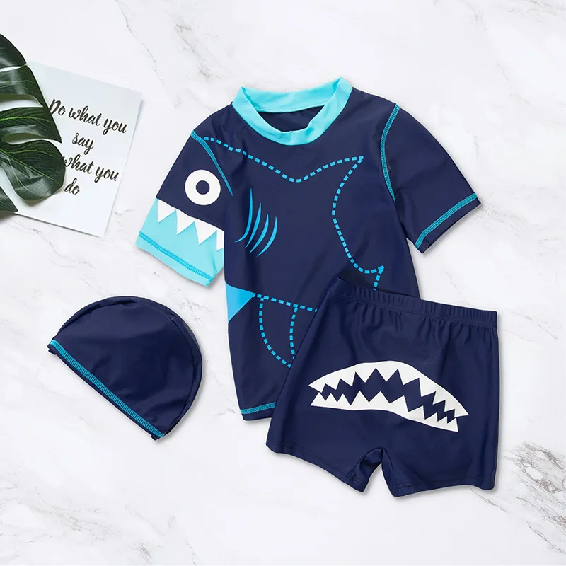 

Summer 2021 New Children Swimming Trunks Boys Beach Cartoon Swimsuit 2-7 Years Old Split Cute Shark Swimming Cap