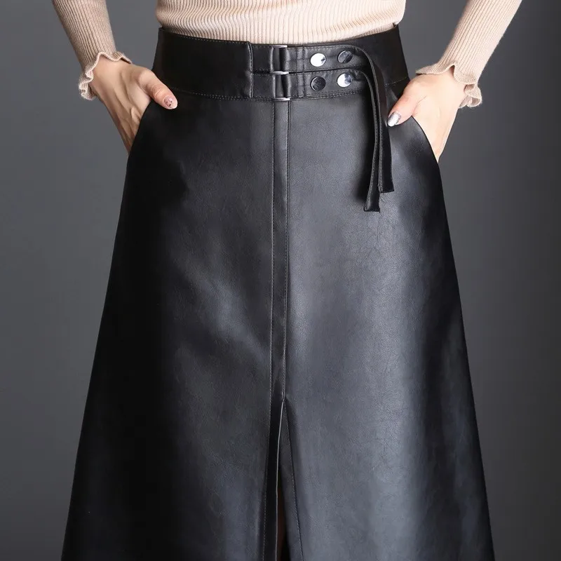 Women PU Skirt 2020 Solid Black Autumn Split Mid Length Skirts High Waist OL Quality Office Lady Female Clothes | Женская одежда