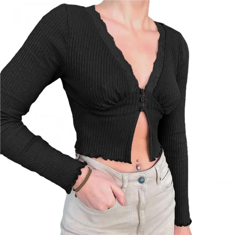 

Buttons Women Sexy Long Sleeve Deep V Neck Knit Blouse Split Hem Ribbed Buttons Crop Top Unique Design Tee Sexy Female Slim Tops