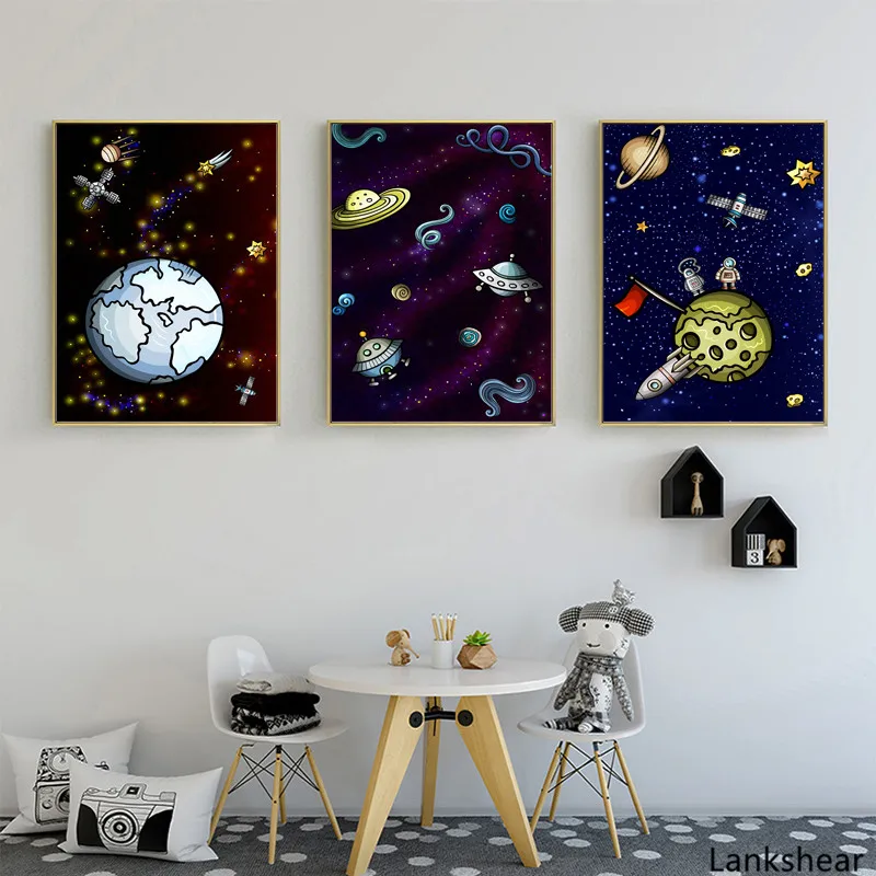 Мультяшный космический корабль настенный художественный принт холст живопись