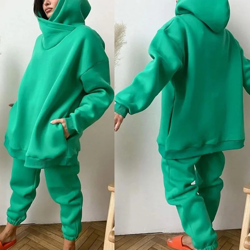 

Женский спортивный костюм из двух предметов, однотонный флисовый спортивный костюм с капюшоном и брюки-джоггеры, повседневная спортивная о...