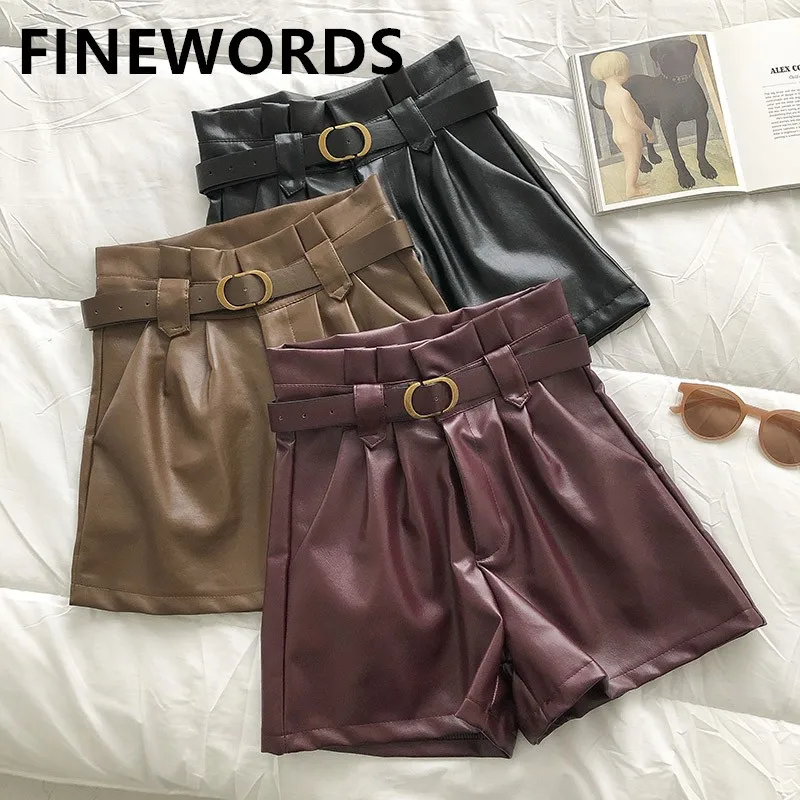 

FINEWORDS Summer Solid PU High Waist Shorts Women Korean Casual Wide Leg Shorts With Belt Retro Loose Plus Size Sexy Short Pants