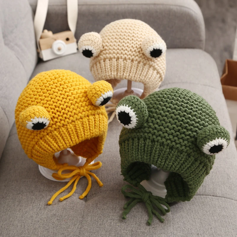 

Solid color Cartoon frog knitted hat winter warm hat Skullies cap beanie hat for kid boy and girl