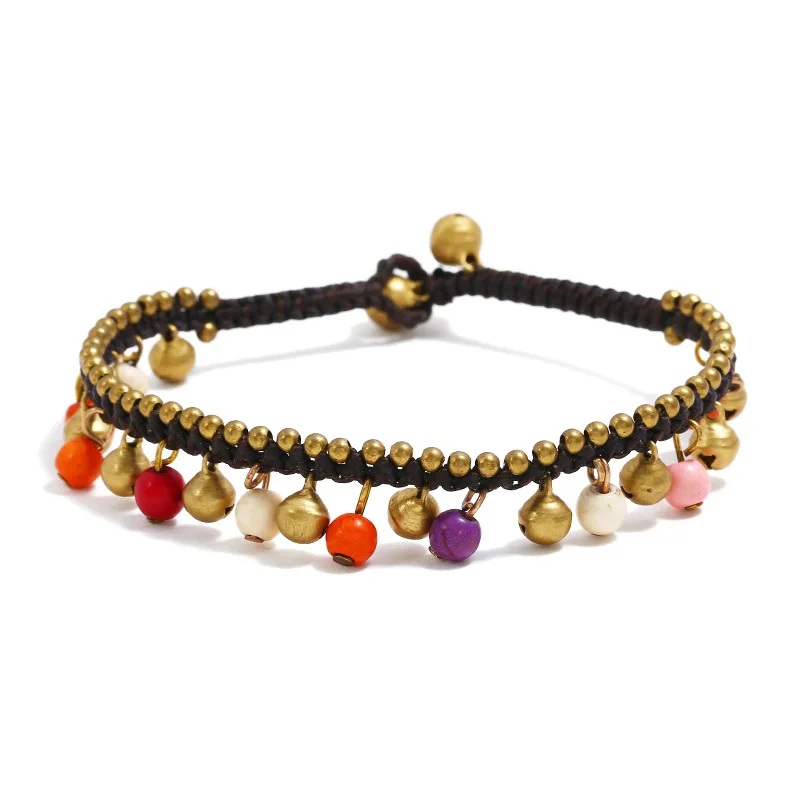 

European and American Bohemian Style Simple Turquoise Bell Female Anklet Retro Wax Thread Hand-woven Beach Style High-end Anklet