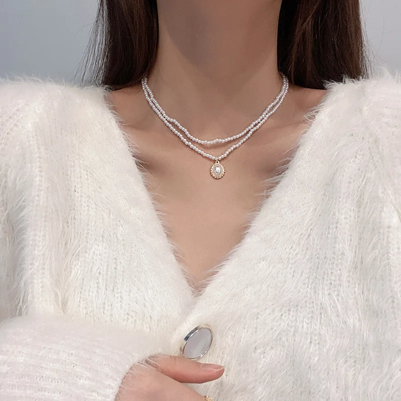 

Simple fashion retro French double niche design sense pearl pendant female necklace