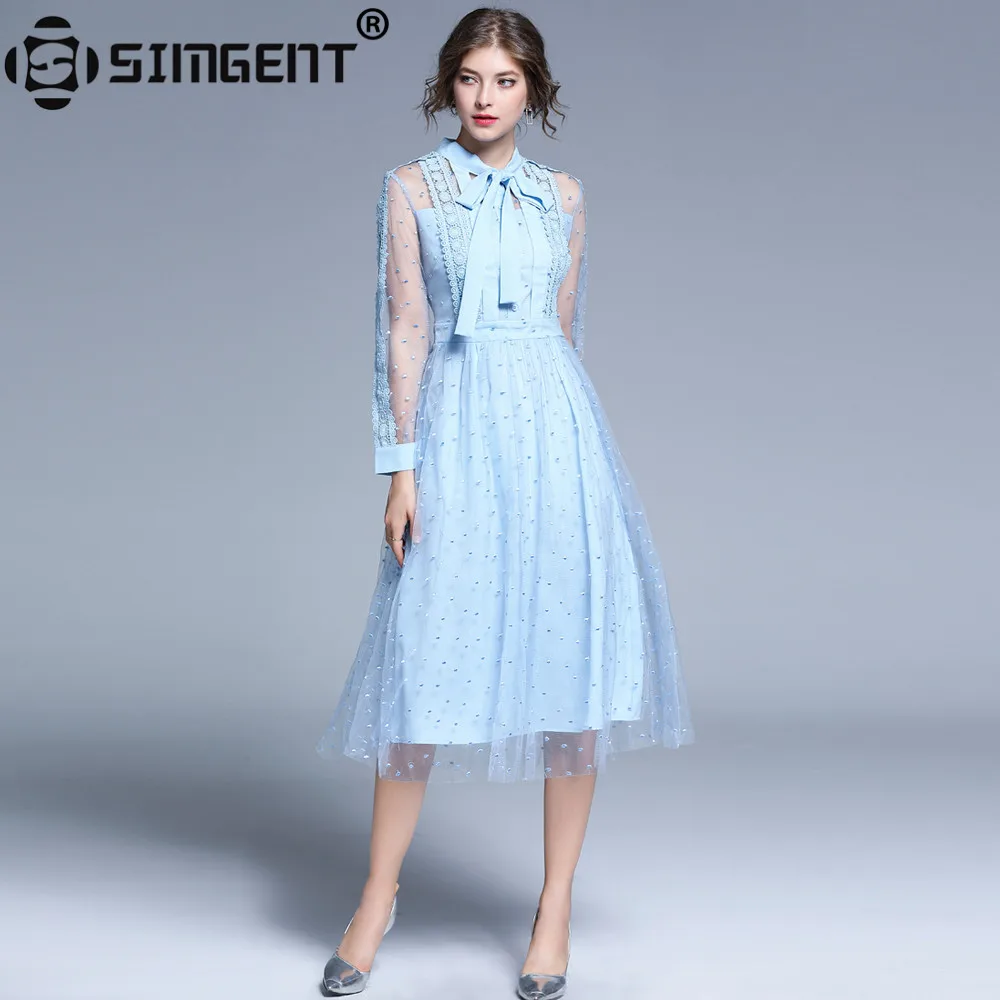 Платье миди с бантом и вышивкой в горошек|Женские платья| |