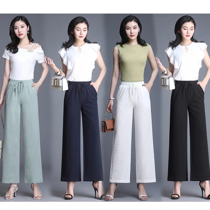

White Wide Leg Pants for Women Fashion Office Work Elegant Trousers New Casual Loose Elastic Waist Pockets Drawstring Pants Flat