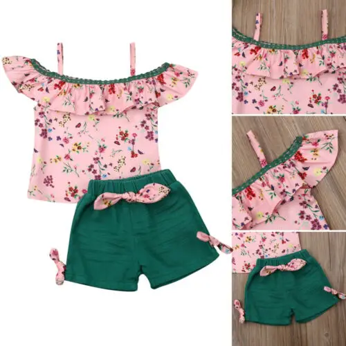 Топы с открытыми плечами и цветочным принтом для маленьких девочек шорты штаны