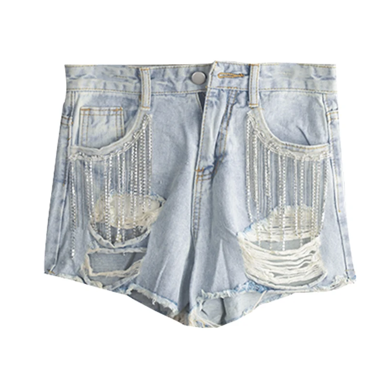 

Denim Super Short Shorts Diamond Women's Clothing Internet Celebrity Summer New High Waist Loose Rhinestone Heavy Work Tassel