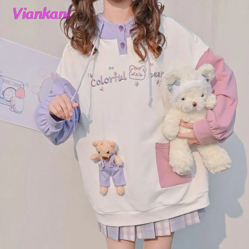 

Милые толстовки с капюшоном и плюшевыми игрушками из мультфильмов, осень 2021, Топ с длинным рукавом, милая Одежда для девочек, толстовки в сти...