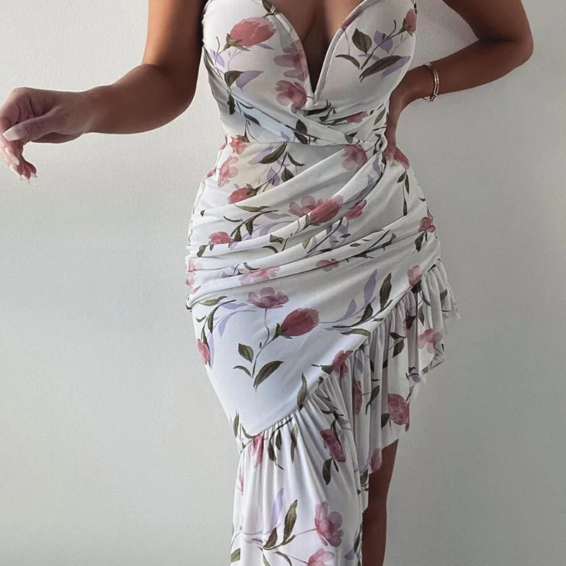 

2021 Summer New Sexy Wrapped Chest Perspective V-Neck Mesh Fashion Printed Irregular Sleeveless Dress Women's Clothes Streetwear