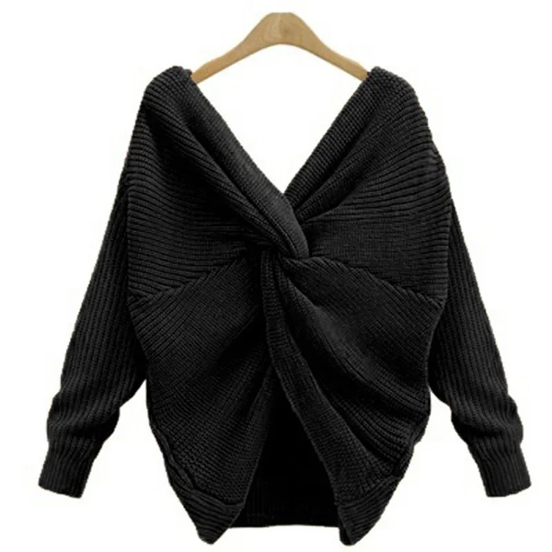 

Fashion Sexy Backless Cross Women Sweaters Spring Autumn Female Knitted Jumper Tops Casual V-Neck Solid Basic Vintage Sweater